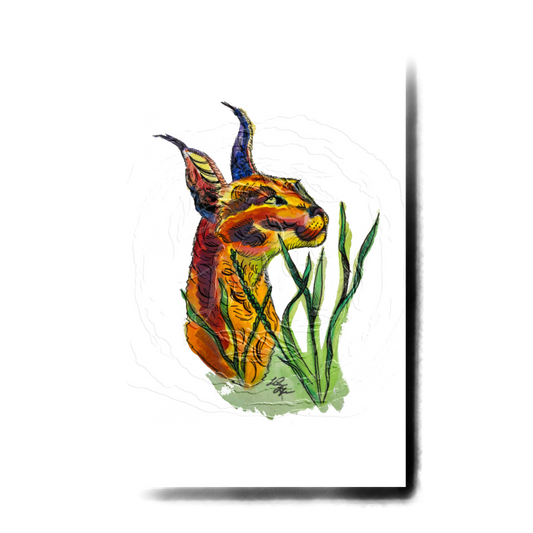 Colorful illustration of a creature with horns and a tail on a white background